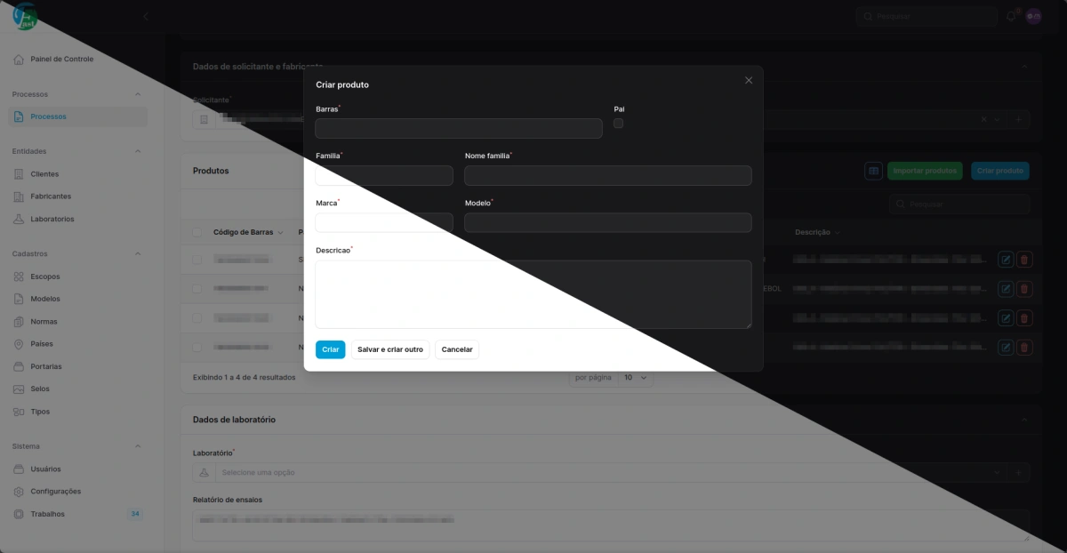Caixa de diálogo (modal) sobreposta para criação rápida de produtos e entidades sem recarregar a página.