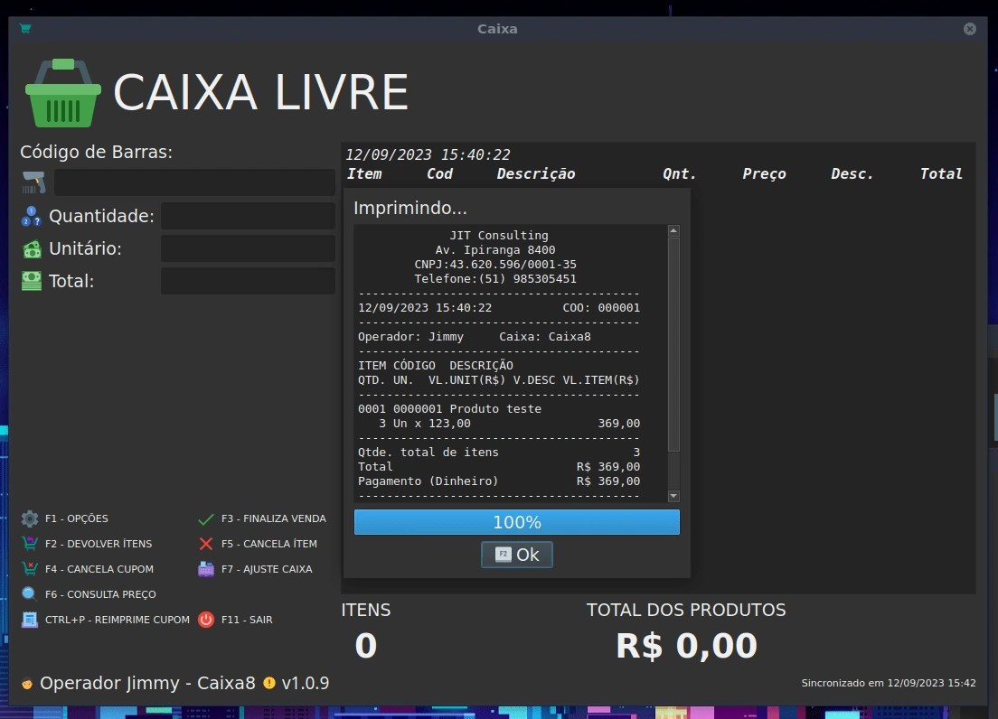 Tela de impressão de cupom do PDV