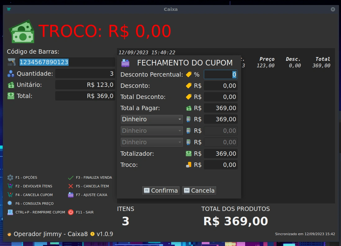 Imagem da tela de fechamento da compra do PDV