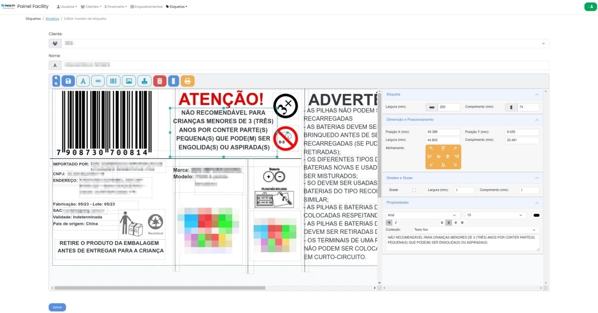 Editor visual web de etiquetas com ferramentas de código de barras e inserção de selos INMETRO e alertas de segurança.